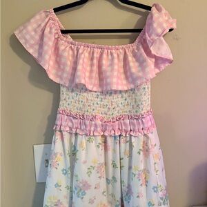 Miss Selfridge Pink Gingham Off-Shoulder Maxi Dress with Floral print EASTER
